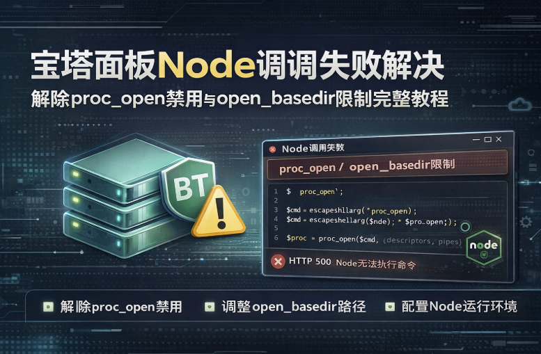 宝塔面板Node调用失败解决：解除proc_open禁用与open_basedir限制完整教程