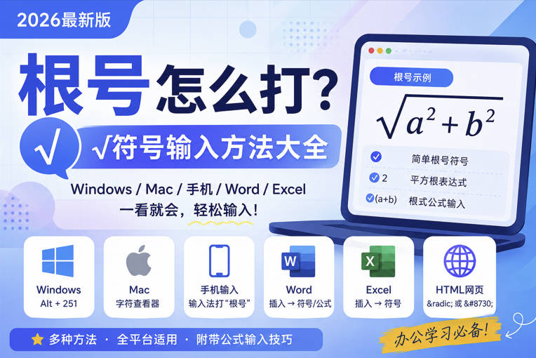 根号怎么打？Windows、Mac、手机、Word、Excel 输入√符号最全教程（2026最新版）
