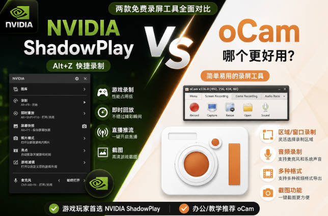 NVIDIA ShadowPlay（Alt+Z）和 oCam 哪个更好用？两款免费屏幕录制工具全面对比